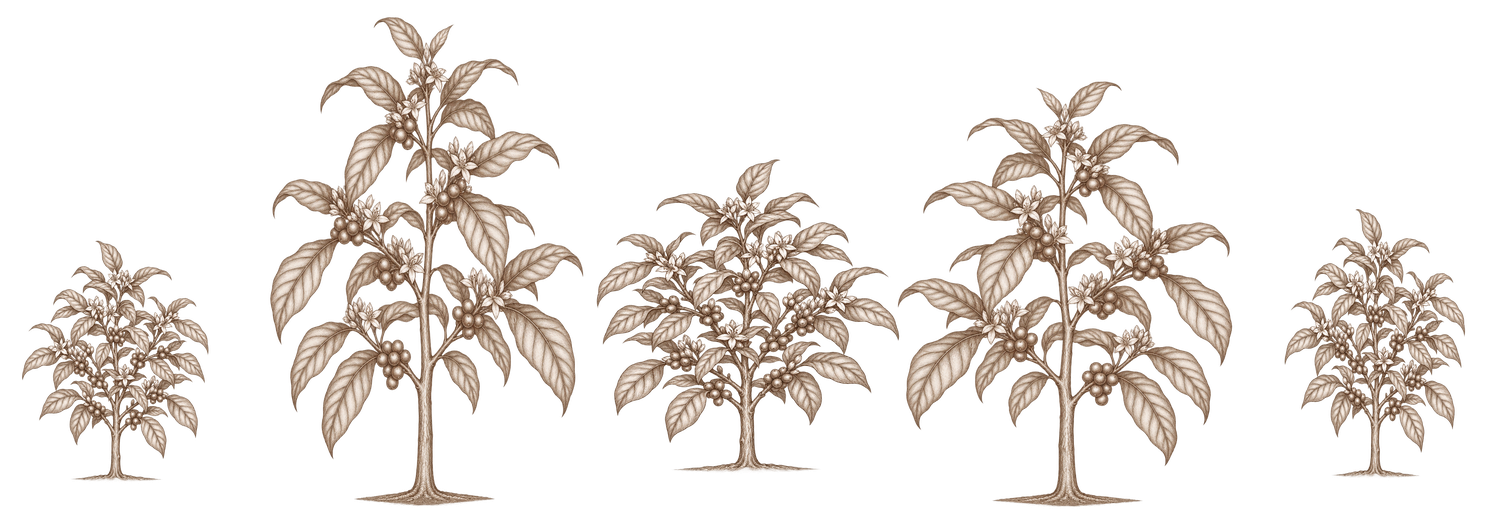 高さや樹形が異なる5本のF2コーヒーノキを示す植物細密画