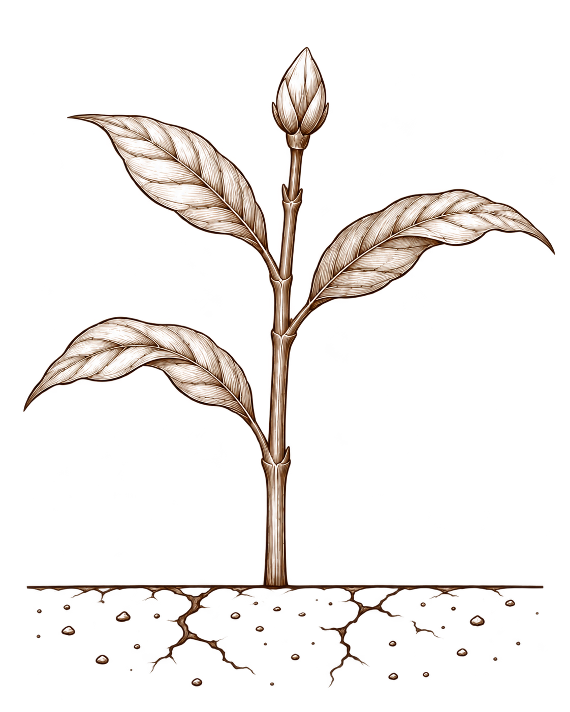 乾いた土と、開花を待つコーヒーの枝の線画