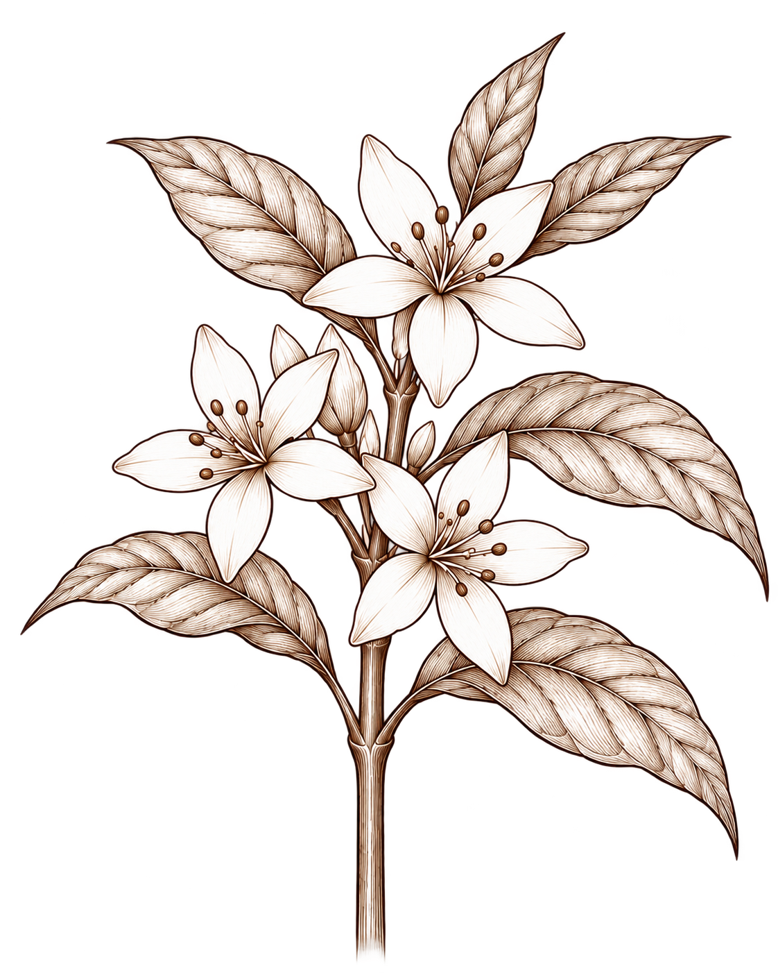 白い花が開花したコーヒーの枝の線画