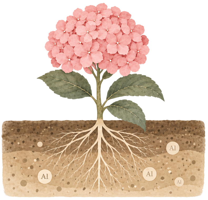 ピンクの紫陽花と根、土壌の模式図